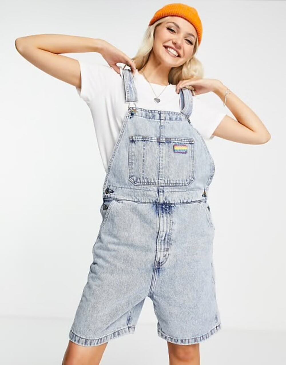Levi's Pride Liberation Shortalls Overall Shorts in a light acid wash